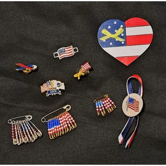 Vintage Patriotic Red White Blue Pins & Red Wing Shoe Charm - Picture 1 of 6